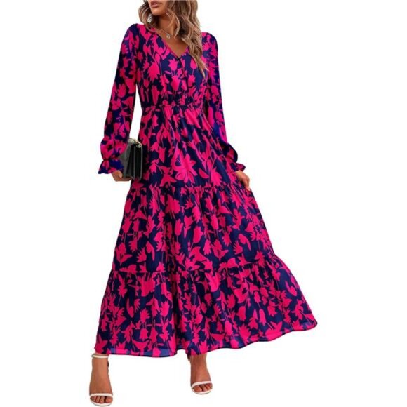 Women Fall Dresses 2024 Casual Long Sleeve V Neck Maxi Floral Boho Long  Dresses